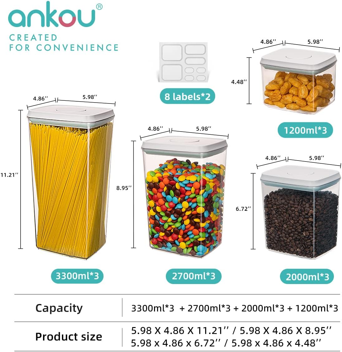 Pop Airtight Food Storage Containers with Lids for Kitchen Pantry Organizing Stackable Container for Cereal Snack Flour Sugar Coffee Spaghetti -12 Pcs(1.2, 2.0, 2.7, 3.3qt)*3