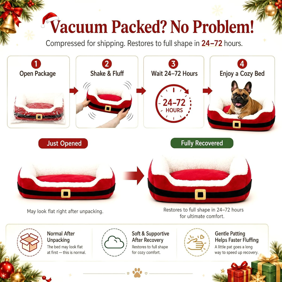 Jetec 26" Christmas Dog Bed, Santa Belt Small Pet Bed for Dogs Cats
