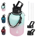 BJPKPK Half Gallon Insulated Water Bottles with Straw Lid & Side Handle, 64oz Large, Stainless Steel Water Bottles with 3 Lids and Paracord Strap, Metal Water Jug,Black