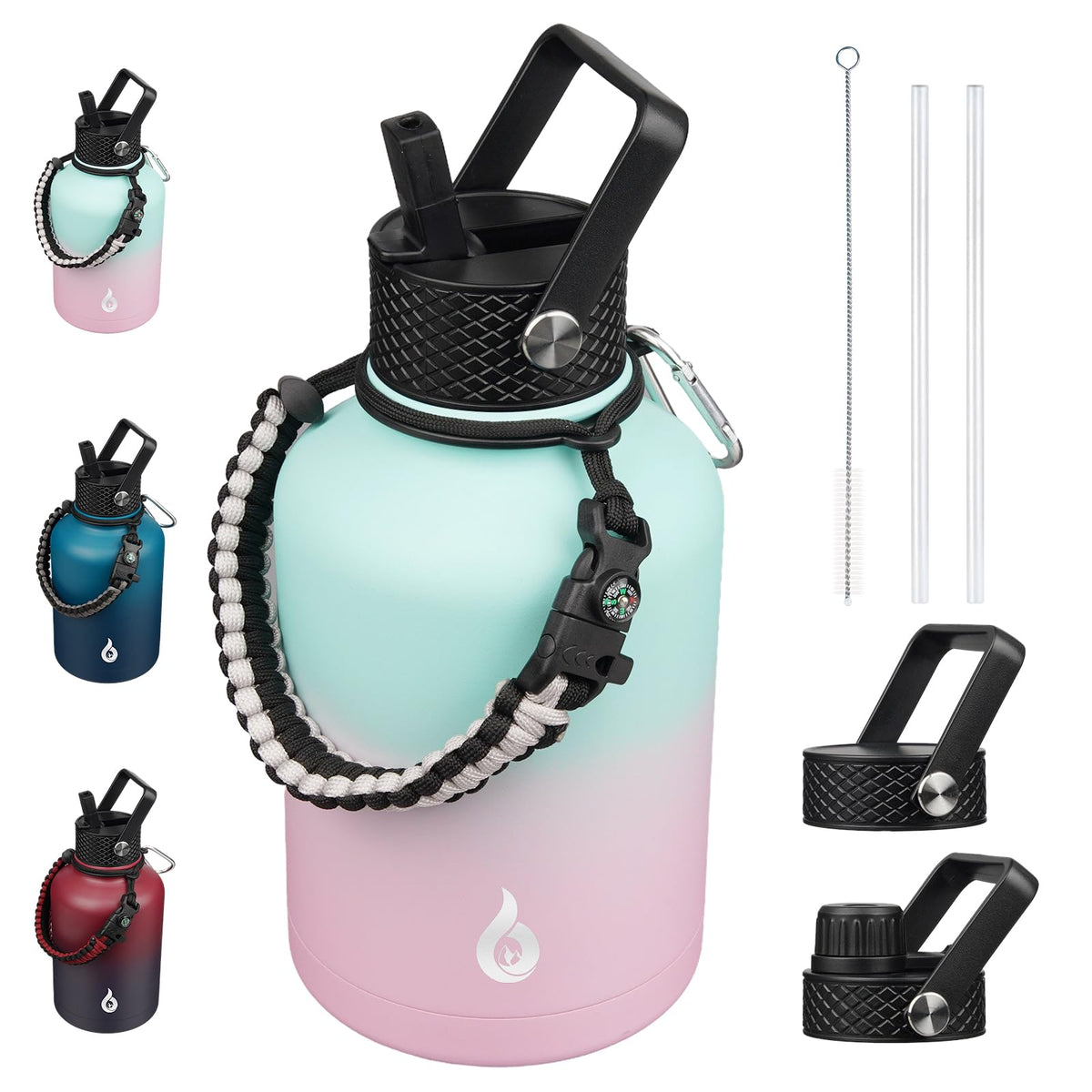 BJPKPK Half Gallon Insulated Water Bottles with Straw Lid & Side Handle, 64oz Large, Stainless Steel Water Bottles with 3 Lids and Paracord Strap, Metal Water Jug,Black