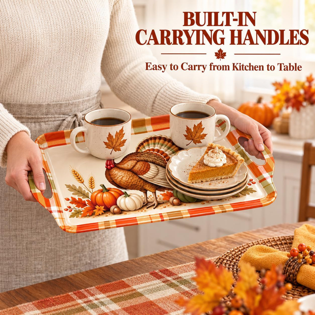 Thanksgiving Serving Trays with Handles, 19 x 11.6 Inch, Set of 2, Bamboo Fiber Serving Platter, Dishwasher Safe, with Removable Silicone Mats, Turkey and Fall Plaid
