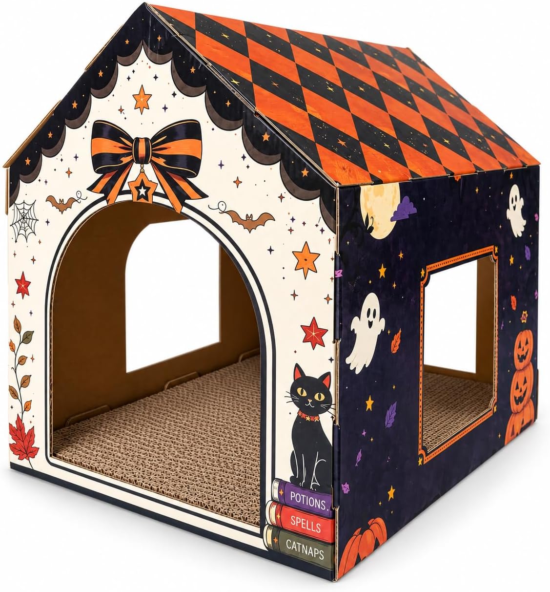 Halloween Cardboard Cat House with Scratcher Pad, 16.5 x 12.5 x 15.5 in