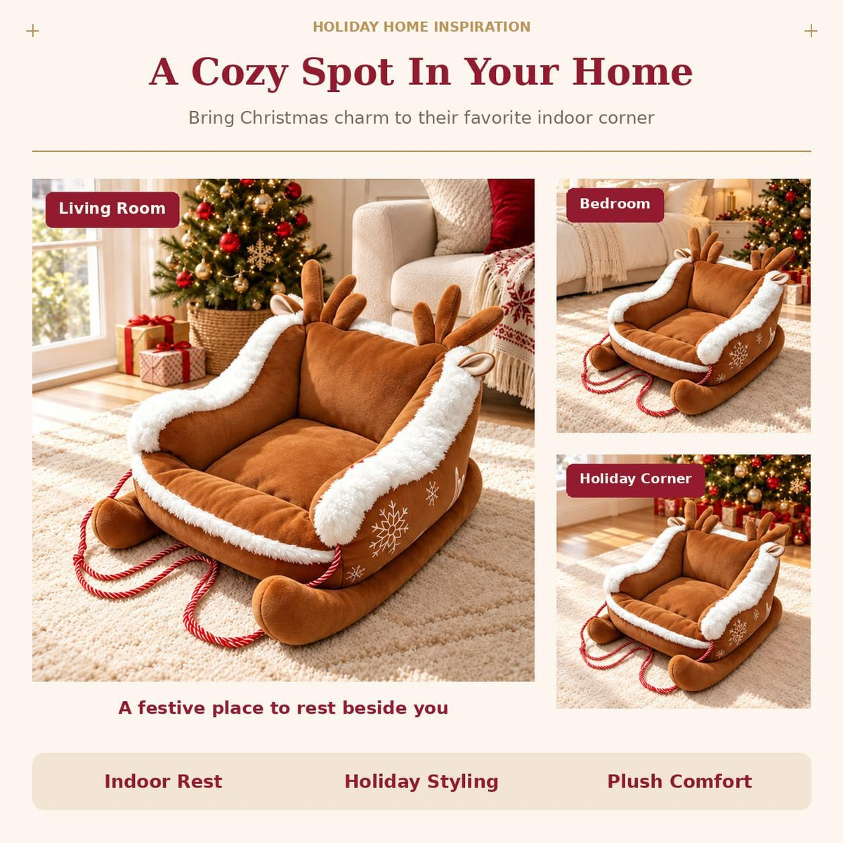 Christmas Dog Bed, Plush Santa Sleigh Sofa for Cats