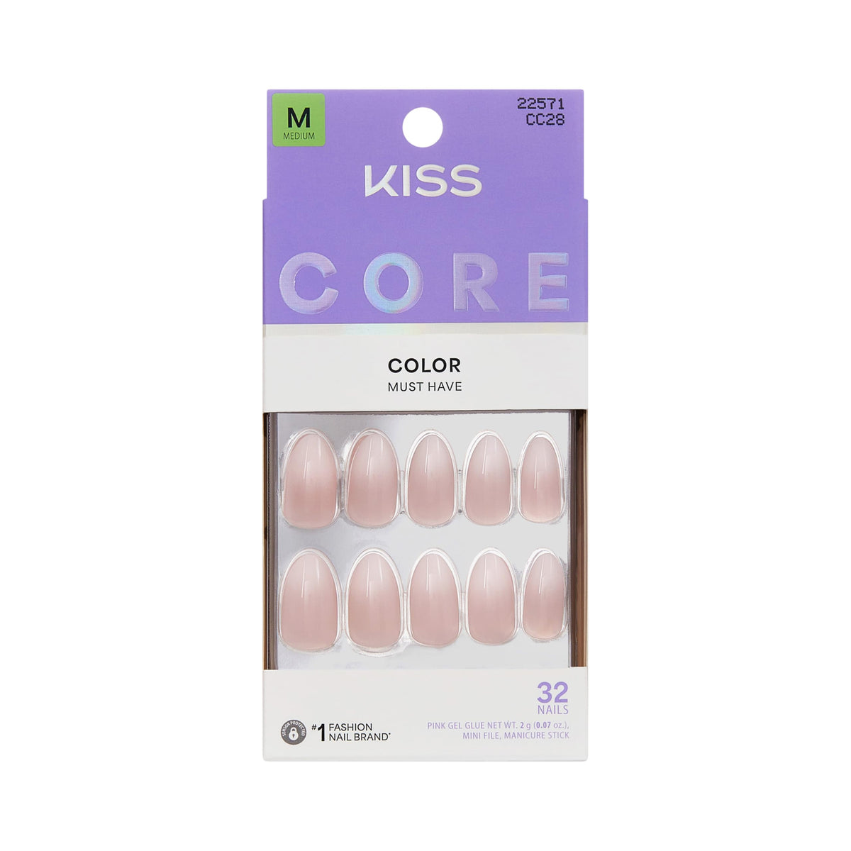 Kiss Core, Press On Nails, Nail glue included, 'Apple Blossom', Red, Medium Size, Almond Shape, Includes 32 Nails, 2g Glue, 1 Manicure Stick, 1 Mini File