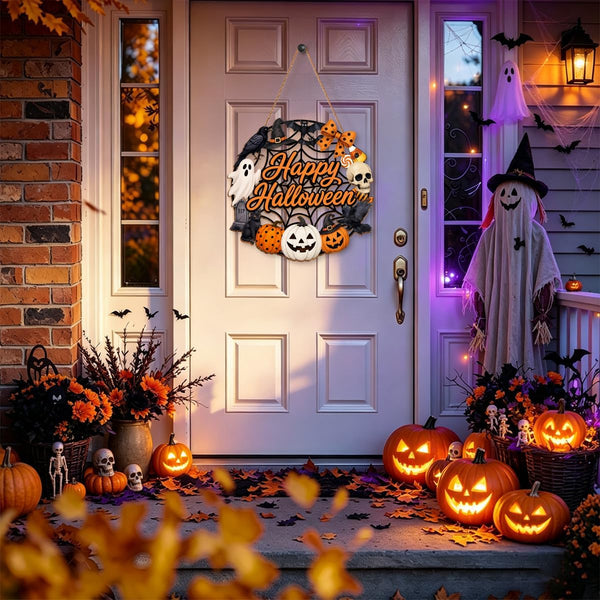 Halloween Wreath for Front Door Wooden Ghost Pumpkin Door Sign Wall Decor | Farmhouse Pumpkin Black Cat Wreath with Happy Halloween Sign for Porch Window Wall Home Decoration Indoor Outdoor 12x12 Inch