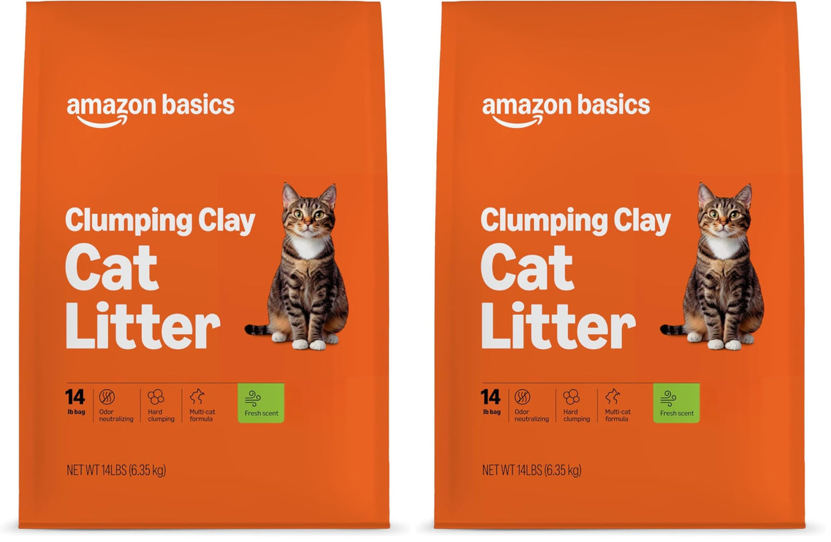 Amazon Basics Clumping Cat Litter, Unscented, Hard Clumping Formula - 14 lb Bag (Pack of 2)