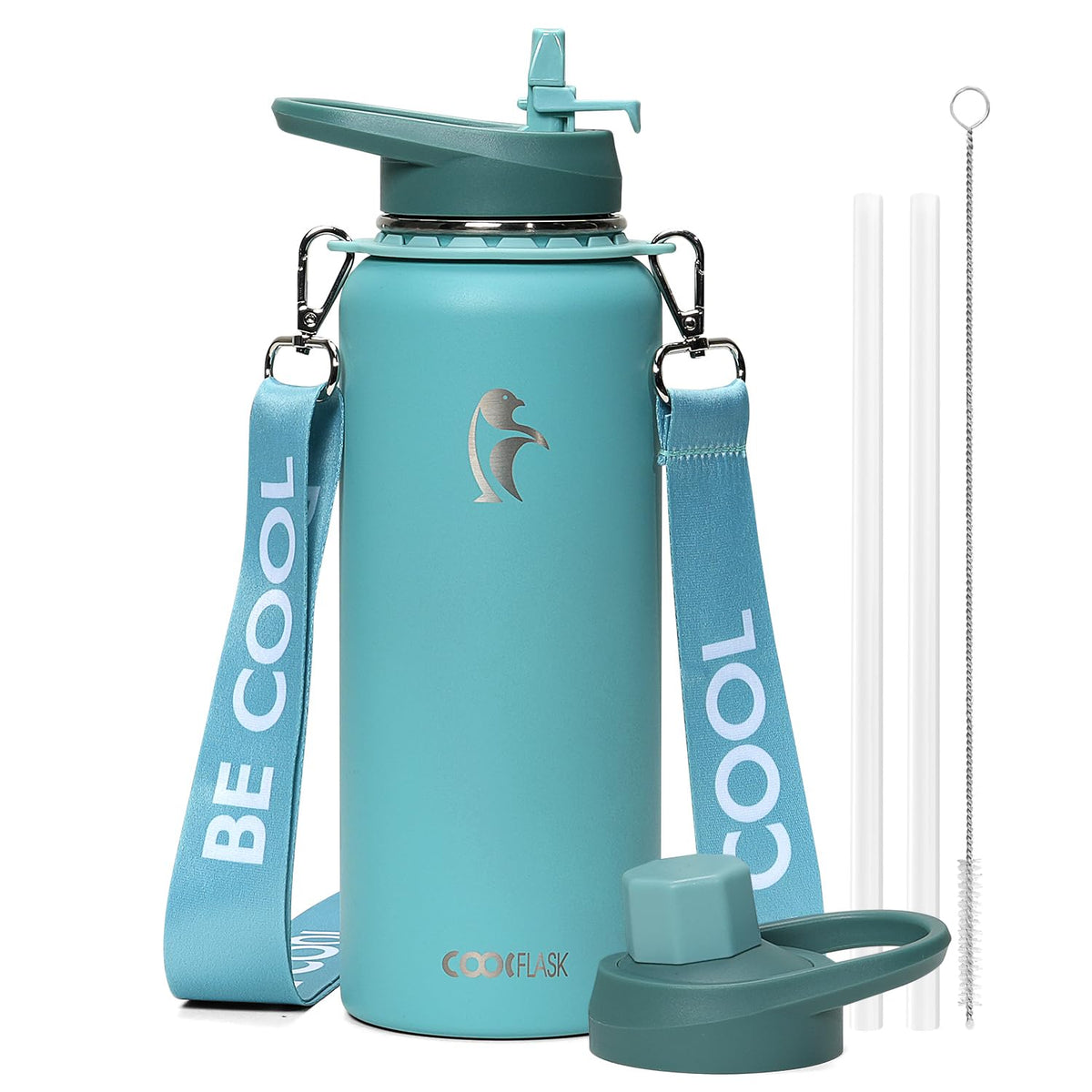 Coolflask Water Bottle with Straw, 40 oz Insulated Metal Water Flask with Straw & Spout Lids, Stainless Steel Double Wall Vacuum, Keep Cold 48h Hot 24h, Leak Proof, BPA-Free, Apricot Pink