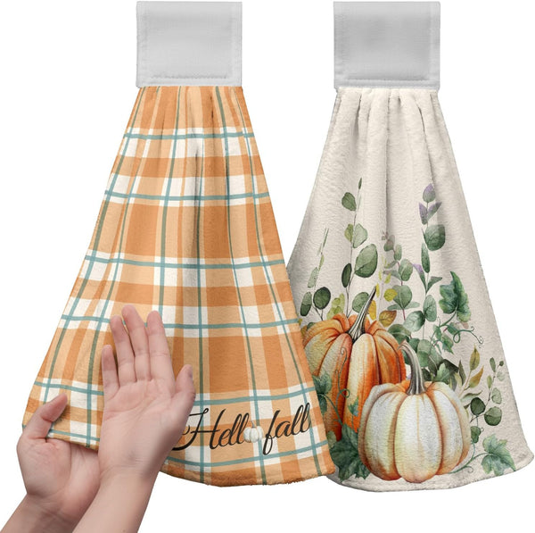 Fall Autumn Hanging Kitchen Towels Thanksgiving Pumpkin Hand Towel with Hanging Loop Vintage Checkered Plaid Dish Towels Soft Absorbent Fingertip Bath Tie Towel for Bathroom Decorative Set of 2