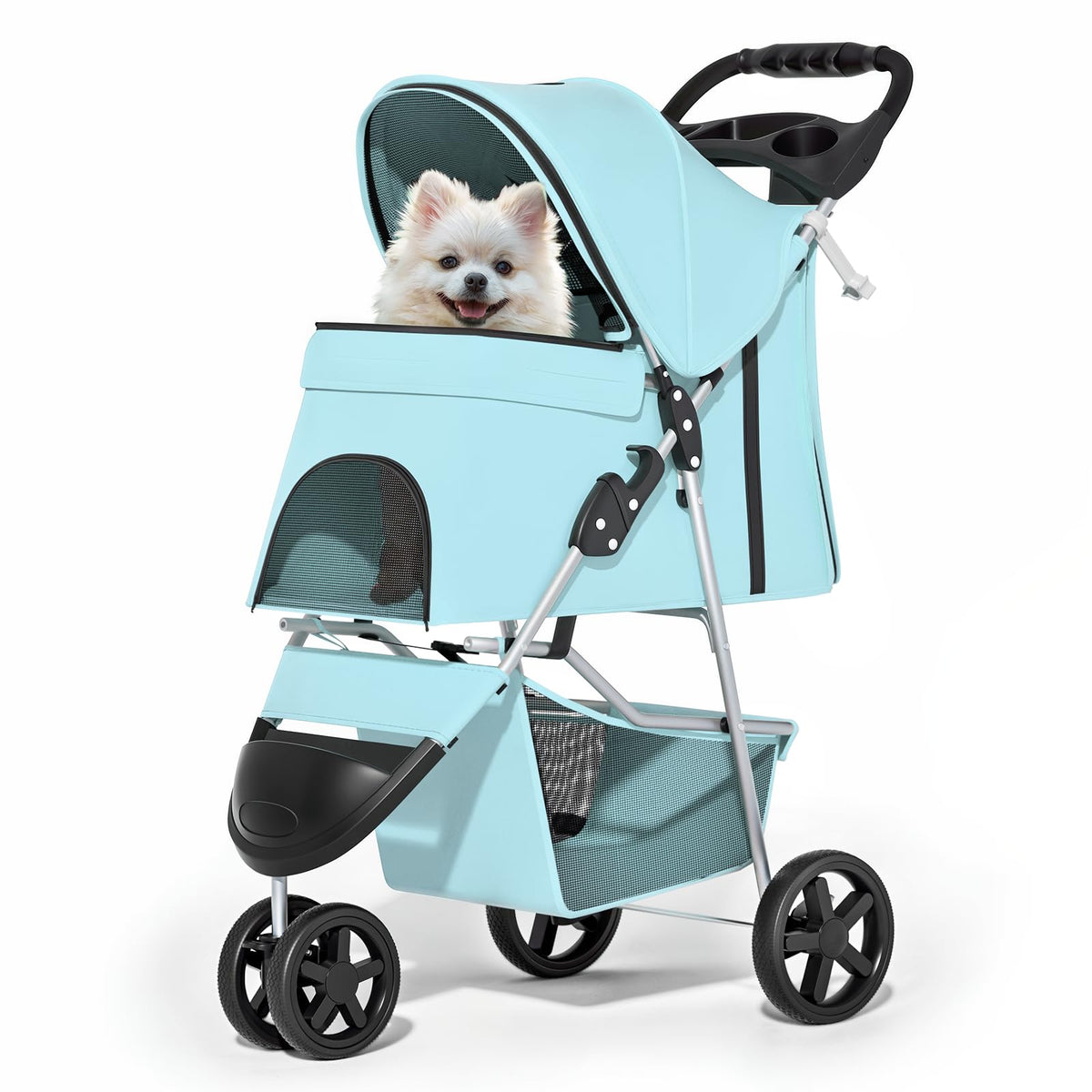 MoNiBloom 3 Wheels Pet Stroller, Foldable Dog Cat Cage Jogger Stroller with Weather Cover for All-Season, Storage Basket and Cup Holder, Breathable and Visible Mesh for Small/Medium Pets, Blue