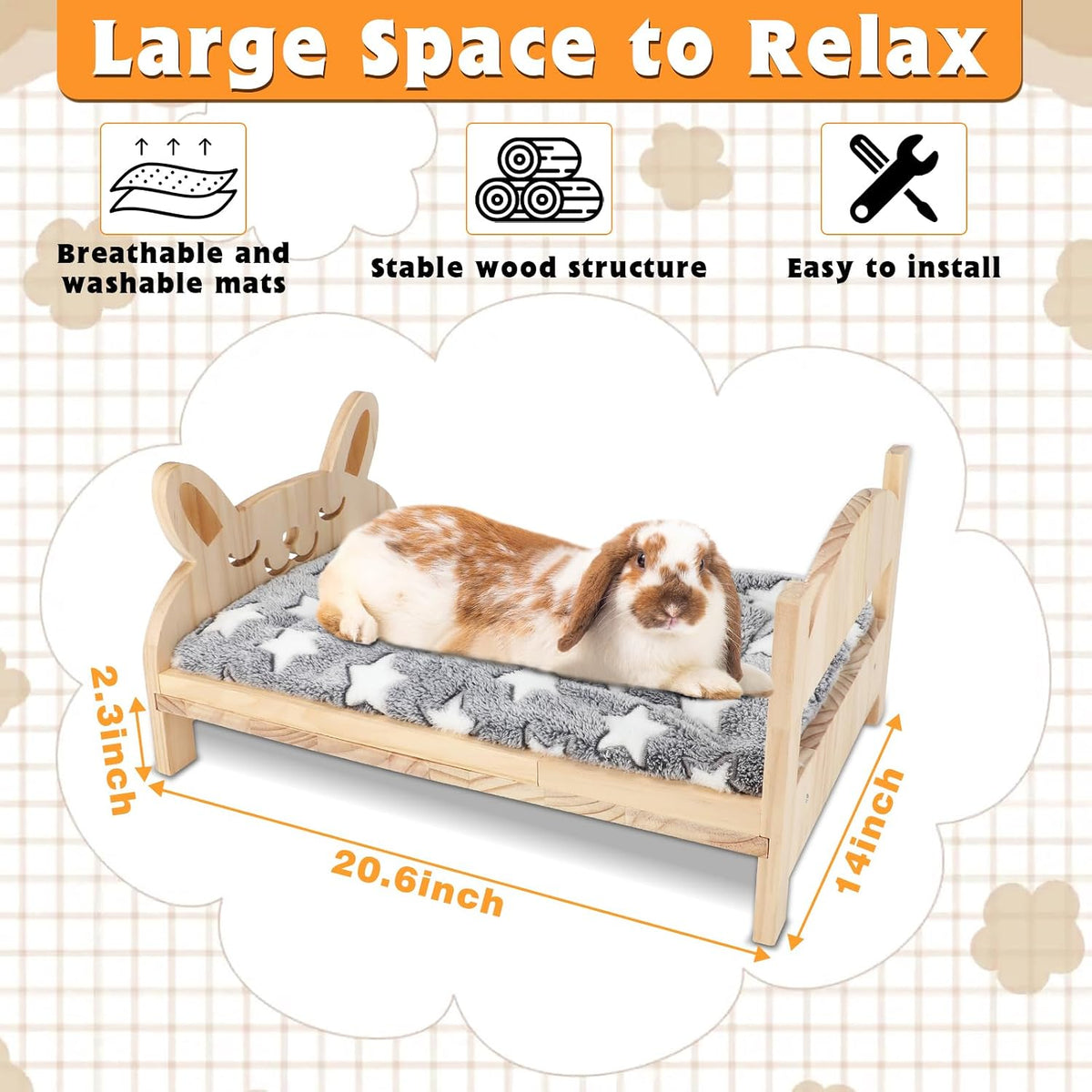BWOGUE Large Wooden Rabbit Bed, Bunny Bed with Removable Cushion, 2-in-1