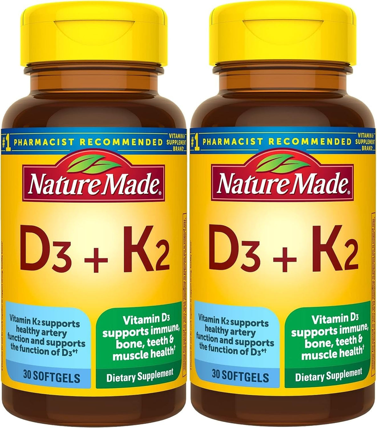 Nature Made Vitamin D3 K2 Supplement, 30 Softgels | Vitamin D 5000 IU (125 mcg) for Immune, Bone, Teeth and Muscle Health Support, 30 Day Supply