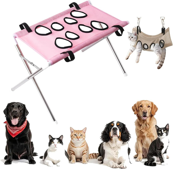 Dog Grooming Hammock, 2-in-1 Foldable Pet Bathing Bed with Stand，Pink | Pet Grooming Hammock, Dog Bath & Paw Wash Sling for Small Large Dogs, Nail Trimming, Shower Hammock, Foldable Stand