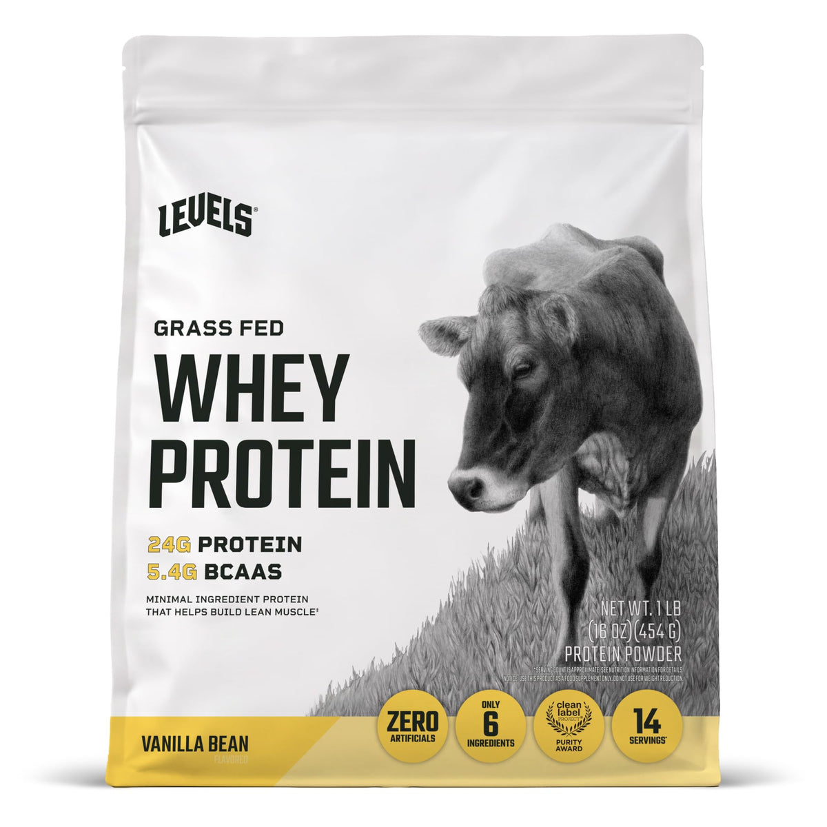 Levels Whey Protein Powder, No Artificial Ingredients, Vanilla Bean, 2LB | 24G of protein and 5.4G BCAAs per scoop, made with hormone-free dairy, zero junk, no fillers, no added sugar, certified clean