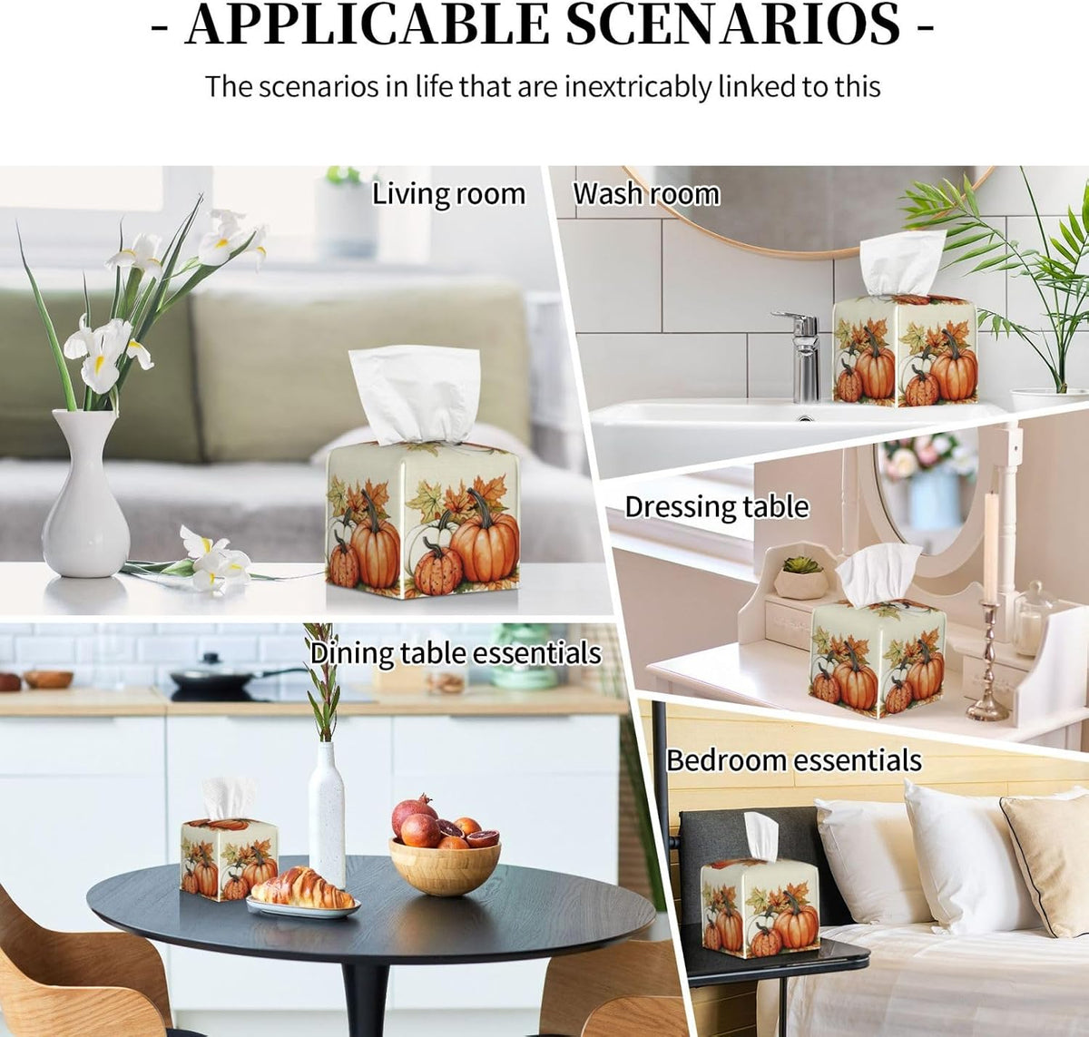 Pumpkins Fall Tissue Box Cover Autumn Leaves Square Leather Tissue Case Holder Facial Paper Organizer Decorative for Tabletop Night Stands Desk Bathroom Kitchen Car Office Home Decor