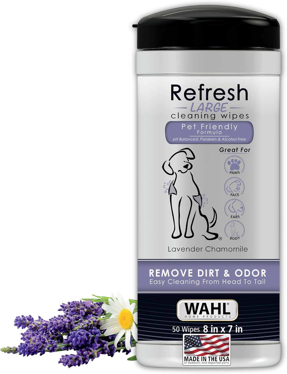 Wahl USA Pet Refresh Lavender Cleaning Wipes for All Dog Breeds - Use on Ears, Nose, Paws, Bottom, & Sensitive Areas - 50 Wipes - 820018A