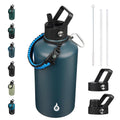 BJPKPK Half Gallon Insulated Water Bottles with Straw Lid & Side Handle, 64oz Large, Stainless Steel Water Bottles with 3 Lids and Paracord Strap, Metal Water Jug,Black