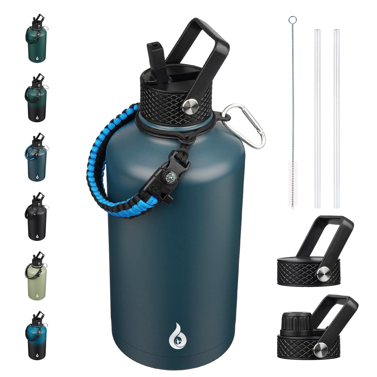 BJPKPK Half Gallon Insulated Water Bottles with Straw Lid & Side Handle, 64oz Large, Stainless Steel Water Bottles with 3 Lids and Paracord Strap, Metal Water Jug,Black
