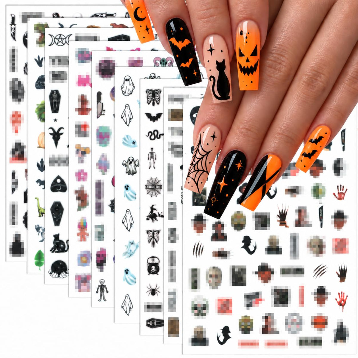 Halloween Nail Art Stickers Cute Ghost Pumpkin 3D Self-Adhesive Nail Decals Bat Cat Skull Designs Nail Decorations Halloween DIY Manicure Supplies for Women Girls&Kids 6Pcs
