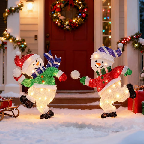 Set of 2 Lighted Snowmen Christmas Decorations, Pre-Lit 2D Tinsel Cute Snowman Snowball Fight with Lights, Light Up & Plug in for Indoor Outdoor Xmas Winter Holiday Yard Lawn Garden Decor