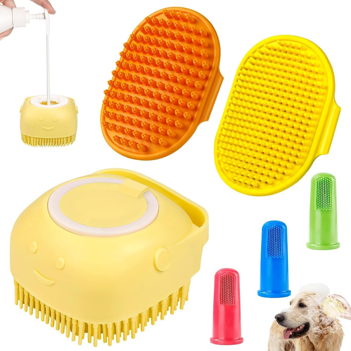 Comotech 6PCS Dog Bath Brush & Dog Toothbrush | Adjustable Handle Shampoo Brush & Scrubber for Short & Long Haired Dogs & Cats | Effectively Solve Odor & Stain Removal Problems (Blue Blue Blue.)