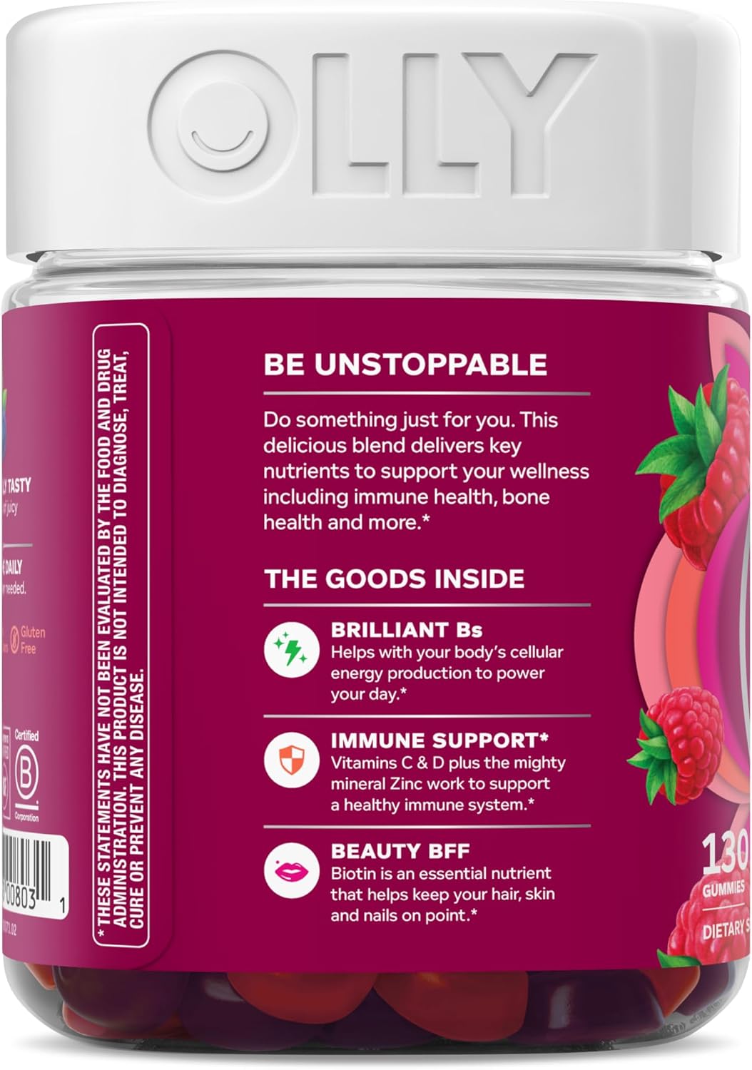 OLLY Women's Multivitamin Gummy, Women's Overall Wellness,* Vitamins A, C, D, E, Biotin, Folic Acid, Adult Chewable Supplement, Berry Flavored, 65 Day Supply - 130 Count