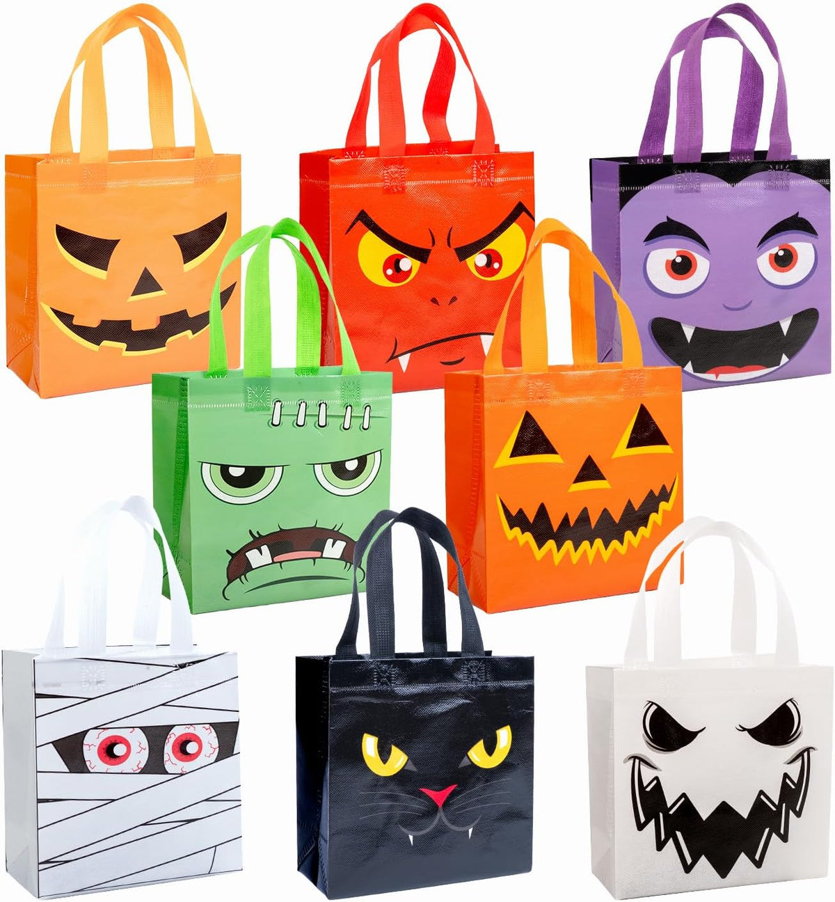 Jaywayang 8Pcs Halloween Trick or Treat Tote Bags with Handles ， Reusable Non-Woven Ghost Face Gift Bags for Adults Kids Gifts Wrapping, Party Supplies.