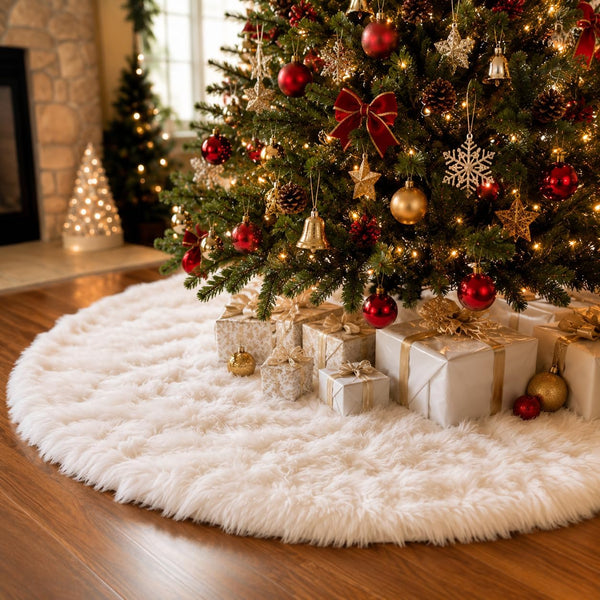 YEAHOME Christmas Tree Skirt, 48 Inch White Soft Faux Fur Tree Skirts Plush Christmas Decorations, White Ornaments Christmas Tree Skirts Xmas Decorations Indoor Holiday Party Decor