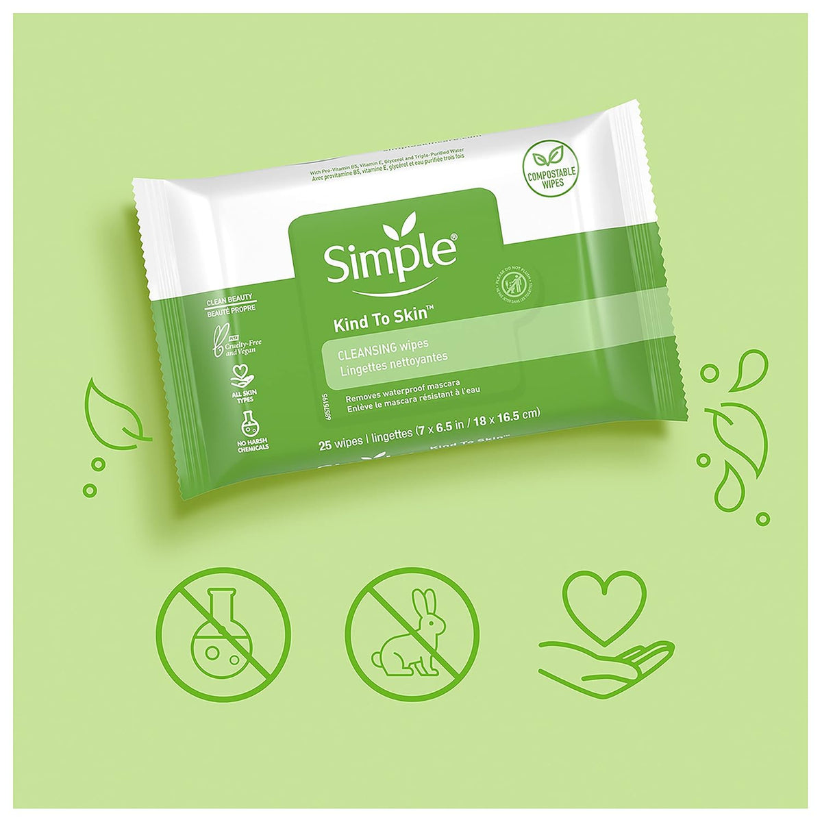 Simple Kind to Skin Facial Wipes Gentle and Effective Makeup Remover Cleansing Free from color and dye, artificial perfume and harsh chemicals 25 Wipes