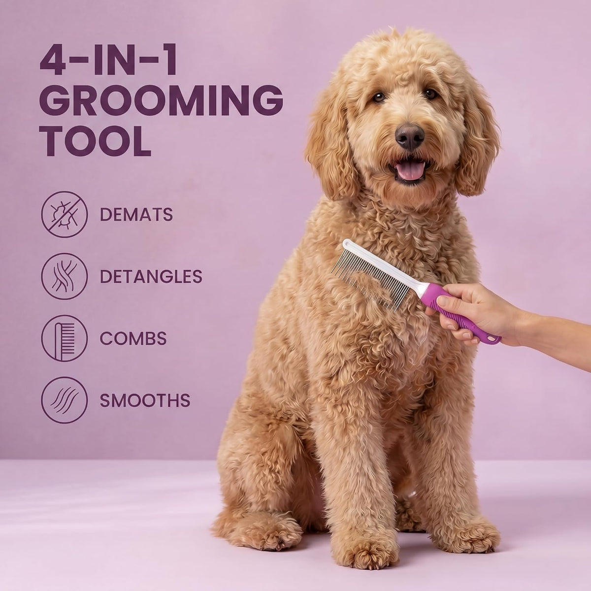 Poodle Pet Detangling Pet Comb with Long & Short Stainless Steel Teeth for Removing Matted Fur, Knots & Tangles – Detangler Tool Accessories for Safe & Gentle DIY Dog & Cat Grooming