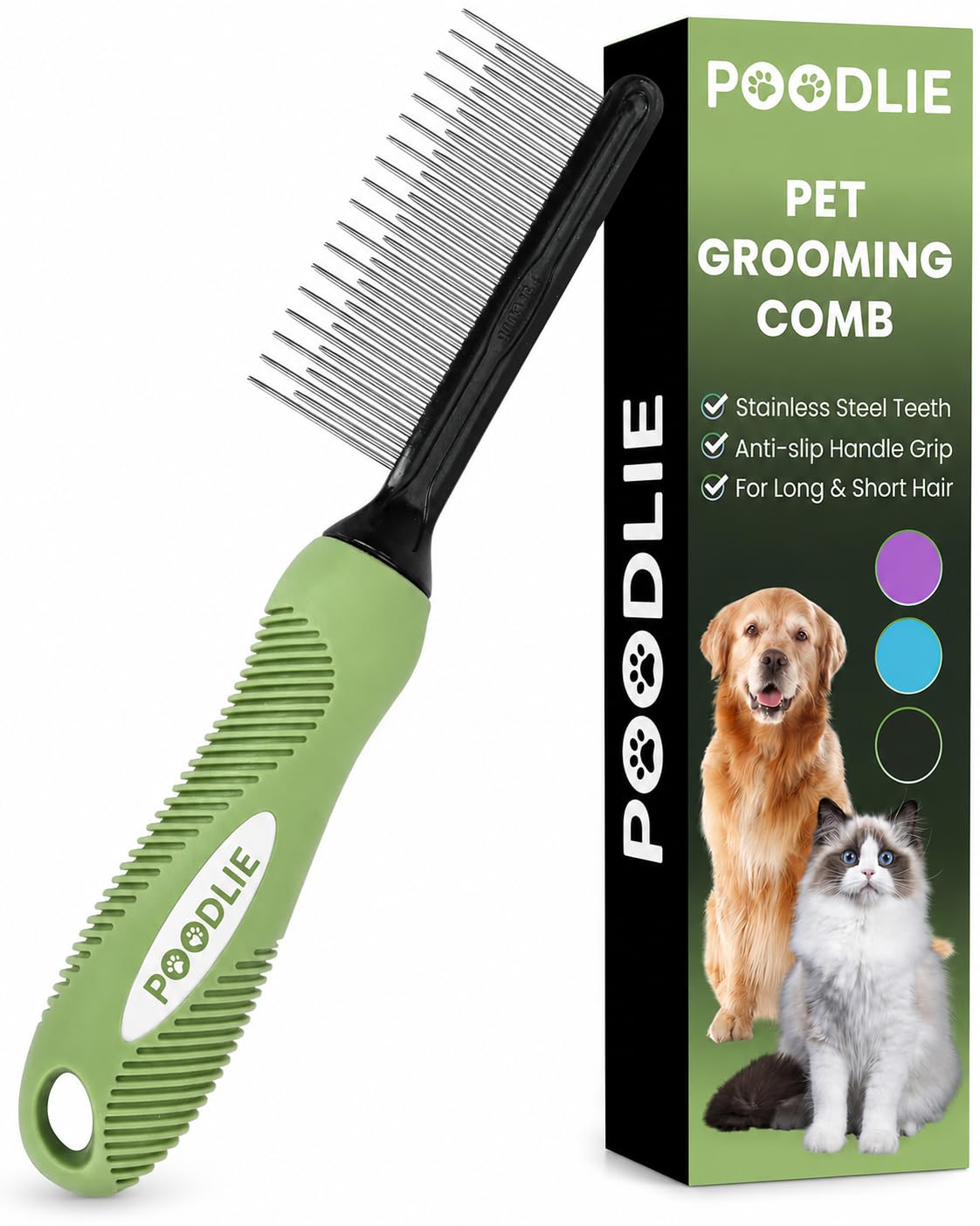 Poodle Pet Detangling Pet Comb with Long & Short Stainless Steel Teeth for Removing Matted Fur, Knots & Tangles – Detangler Tool Accessories for Safe & Gentle DIY Dog & Cat Grooming