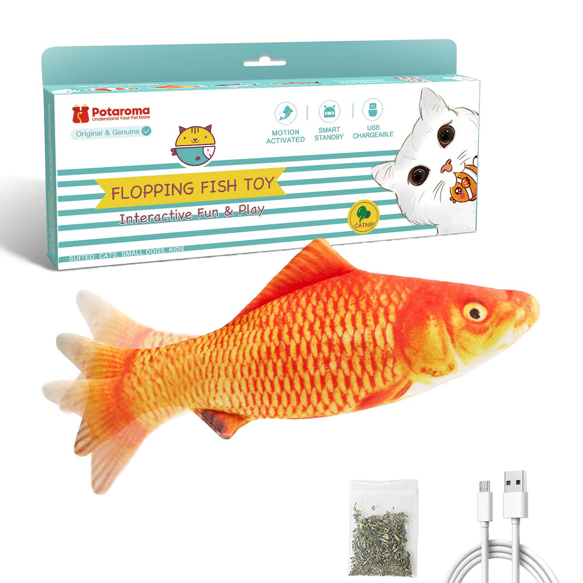 Potaroma Cat Toys Flopping Fish with Catnip, Moving Kitten Kicker, Floppy Wiggle Carp for Small Dogs, Interactive Motion Kitty Exercise, 10.5 Inches
