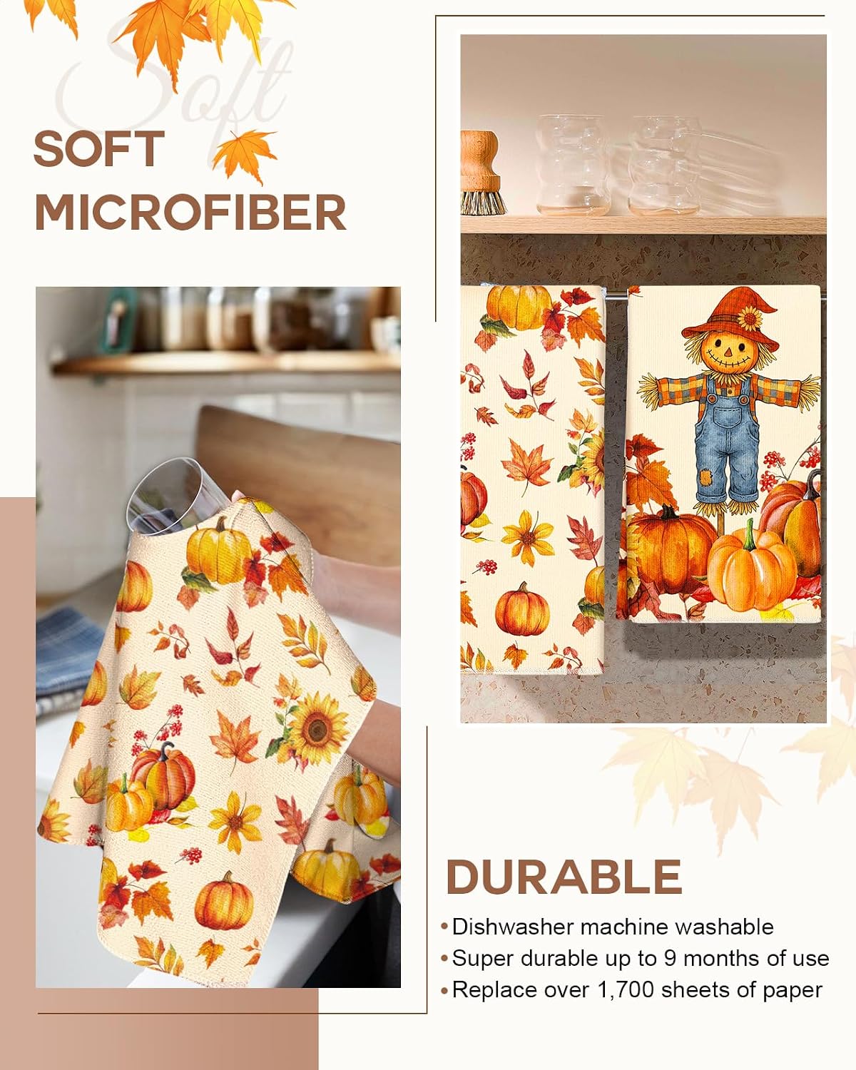 Miss Adola Fall Microfiber Kitchen Towels Set of 2, Straw Pumpkin