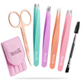 TsMADDTs 6 pcs Tweezers Set for Women, Eyebrow Tweezers with Curved Scissor for Ingrown Hair, Hair Plucking Daily Beauty Tools with Leather Travel Case