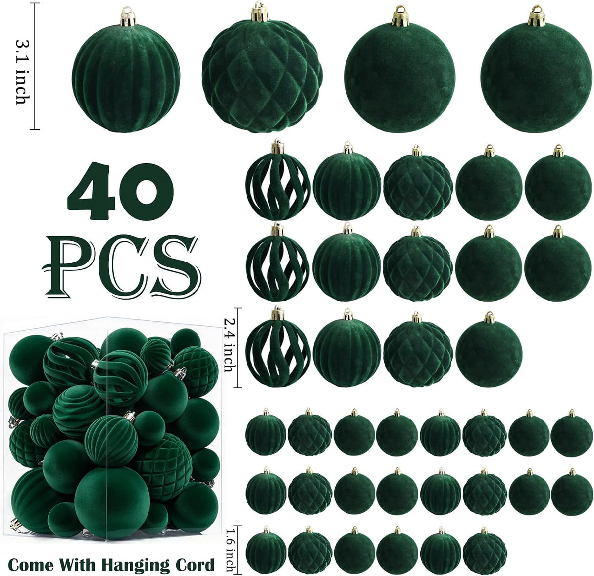 Thewe 40Pcs Velvet Shatterproof Christmas Ball Ornaments Set，Green
