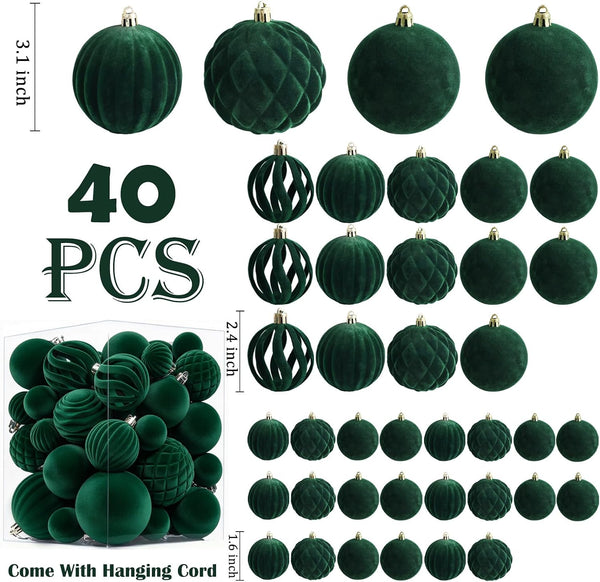 Thewe 40Pcs Velvet Shatterproof Christmas Ball Ornaments Set，Green