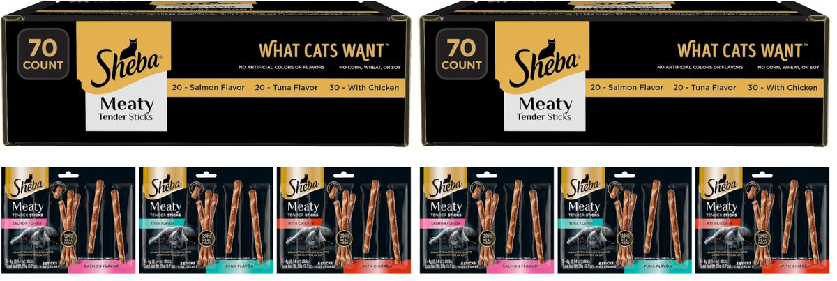 Sheba Meaty Tender Sticks Cat Treats Chicken, Tuna Flavor, or Salmon Flavor, 0.14 oz., 70 Count