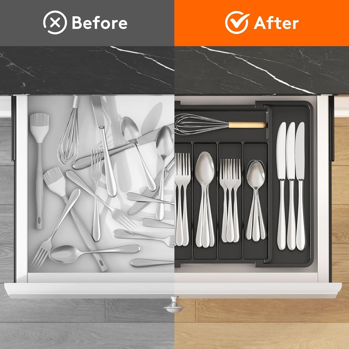 Lifewit Expandable Silverware Organizer, Plastic Utensil Tray for Kitchen Drawer, BPA Free Flatware Cutlery Holder, Space-Saving Storage for Spoons Forks Knives, 8-13.8 x 11.2 x 1.4 inch, Black