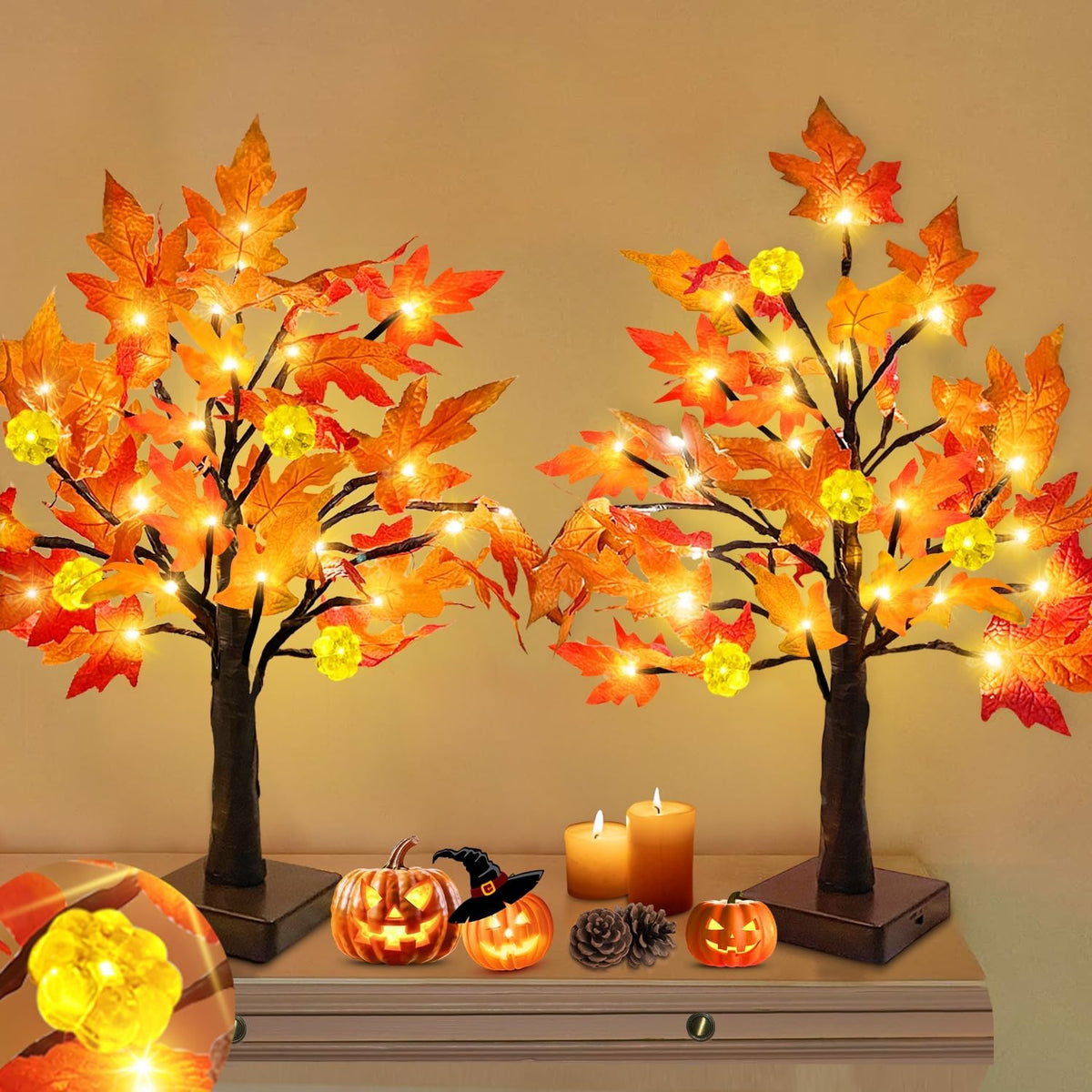 TURNMEON Thanksgiving Decor 2 Pack 18 Inch Prelit Fall Maple Tree 48 LEDs