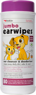 Petkin Jumbo Pet Ear Wipes, 80 Extra Moist Wipes - Soothing & Deodorizing Pet Ear Cleaner to Remove Dirt, Odor, & Wax - Safe, Convenient, & Easy to Use Pet Wipes for Dogs, Cats, Puppies & Kittens