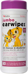 Petkin Jumbo Pet Ear Wipes, 80 Extra Moist Wipes - Soothing & Deodorizing Pet Ear Cleaner to Remove Dirt, Odor, & Wax - Safe, Convenient, & Easy to Use Pet Wipes for Dogs, Cats, Puppies & Kittens