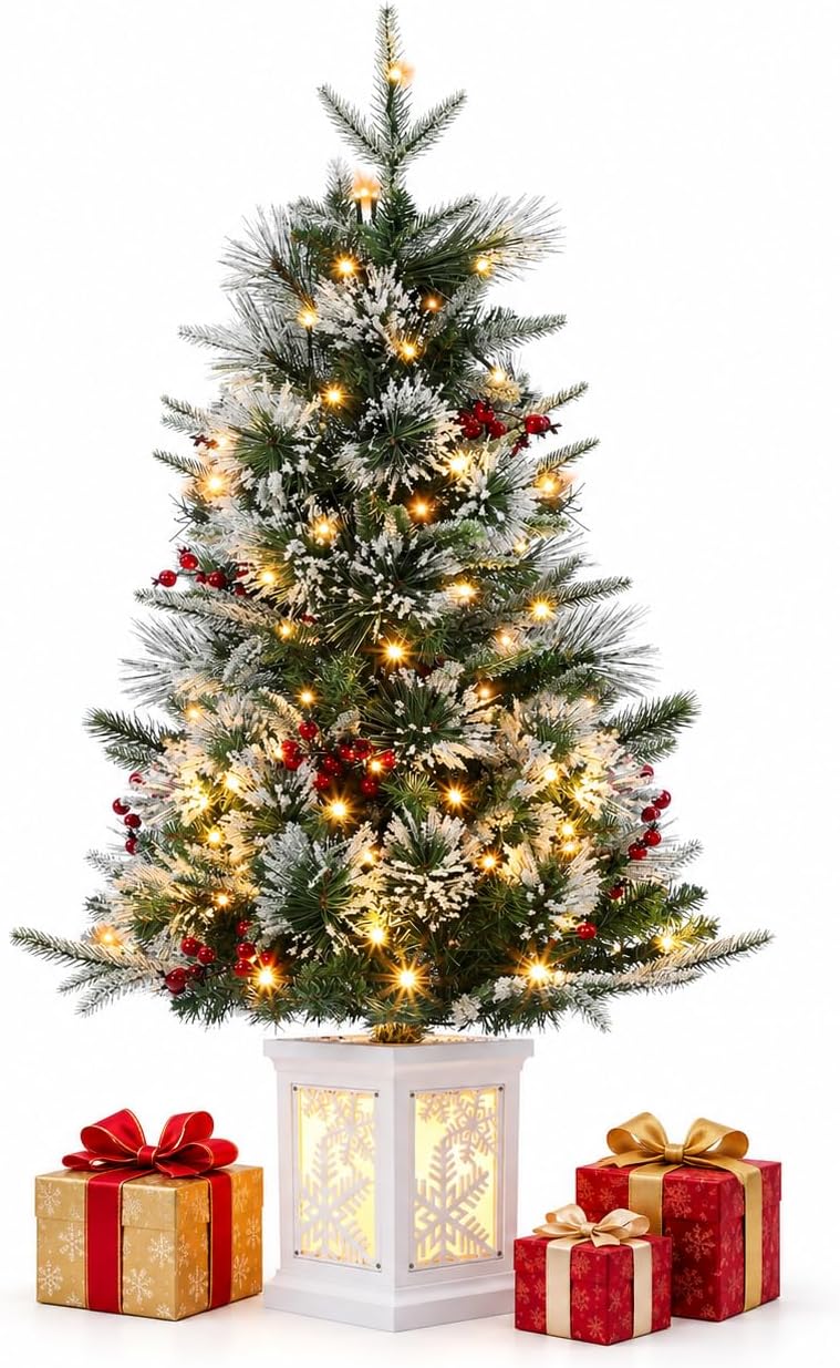 3 Ft Pre-Lit Christmas Tree, Artificial Christmas Tree with Base, Xmas Tree with Timer, Christmas Decoration for Home, Office, Easy Assembly