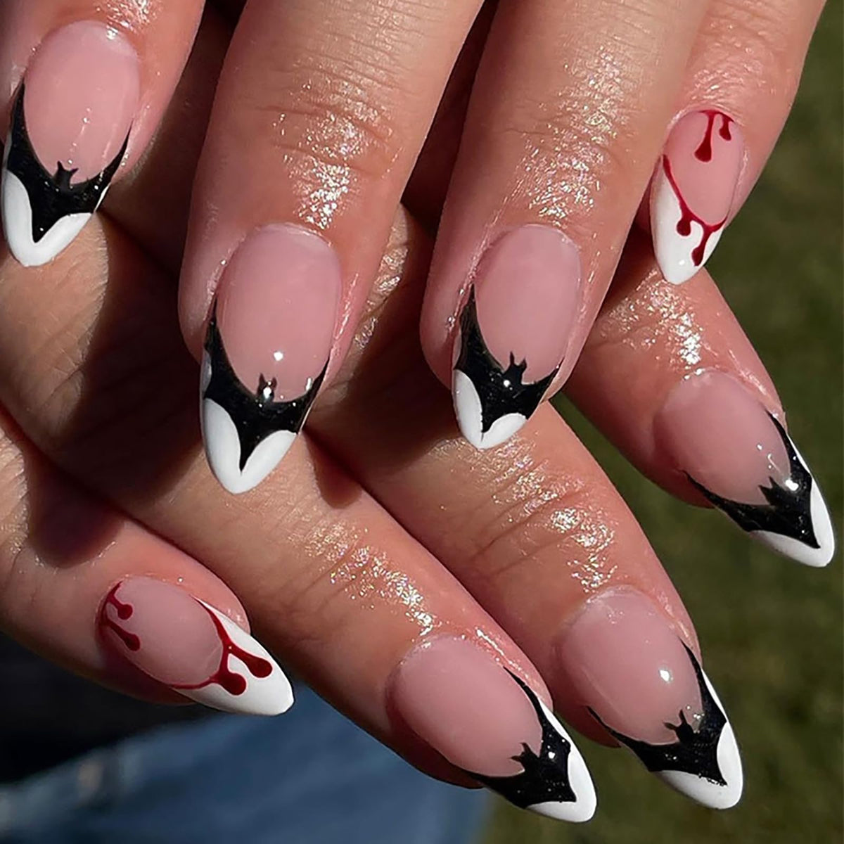 Halloween Press on Nails Medium Almond MABKJLF Fake Nails Glow in The Dark Full Cover Nightmare Christmas False Nails Glossy Glue on Nails Artificial Acrylic Nails for Women Girls 24 Pcs