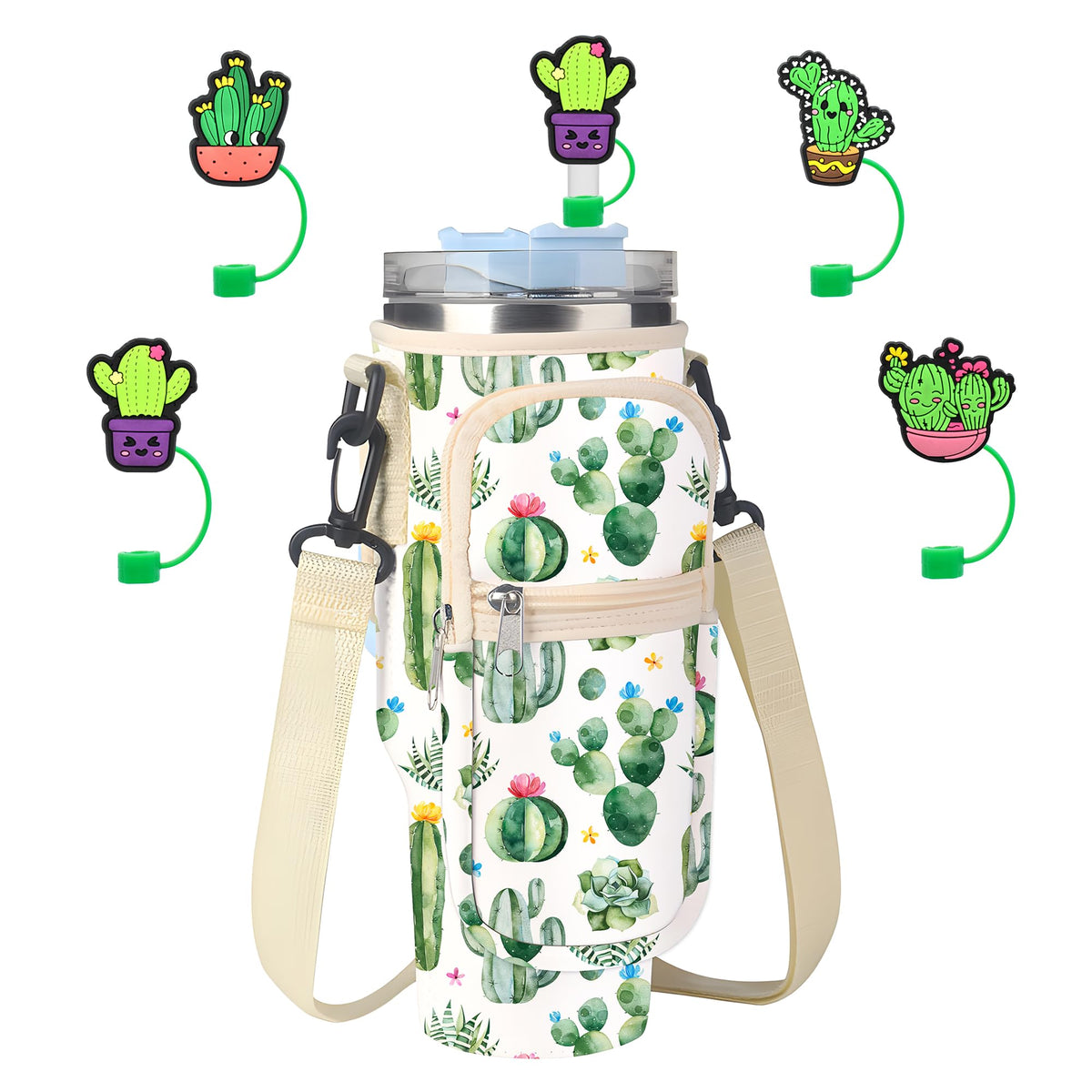 Stanley Cup Bag, Cup Holder for Stanley 30oz/40oz Tumbler with Handle, Stanley Carrier Bag with 4Pcs Cute Straw Topper for Stanley Cup Accessories