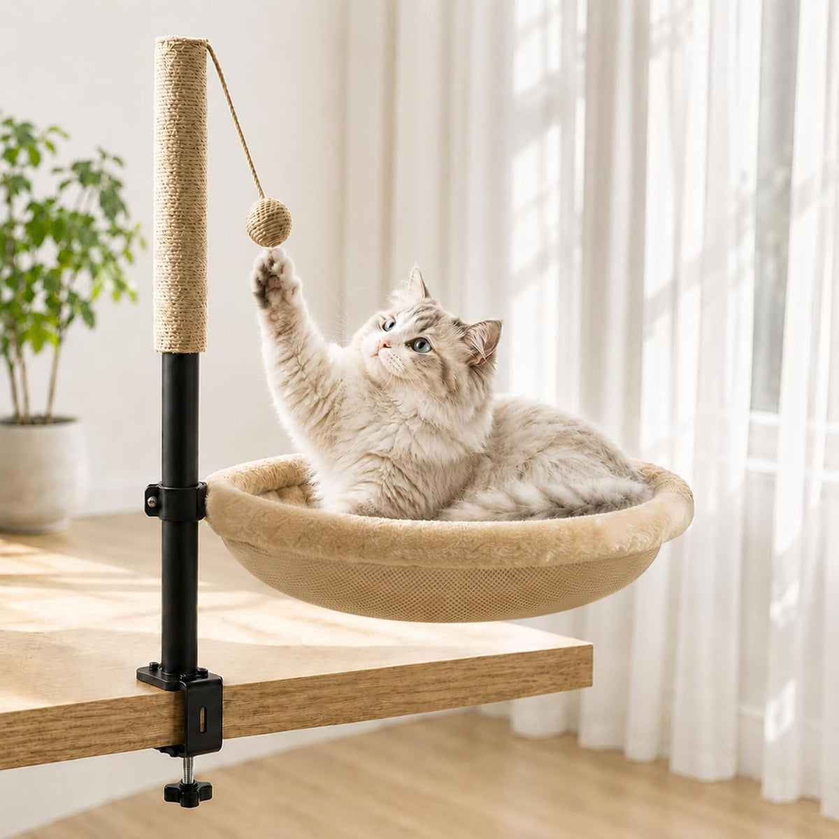Cat Desk Bed with Scratching Post Clamp On 360 Rotating Camel