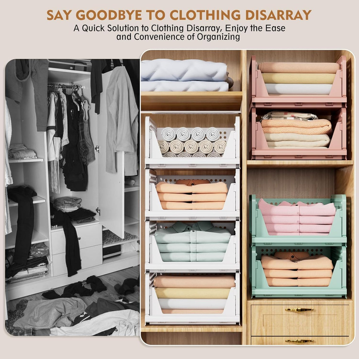 Upgraded Closet Organizers and Storage, Stackable Closet Organizer Basket | 5 Pack Foldable Closet Storage Bins for Bathroom Laundry Room Wardrobe Storage, Space-Saving Clothes Drawer Organizer