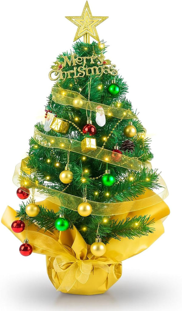 23 in Small Christmas Tree with Lights, Mini Tabletop Tree Desk Decor
