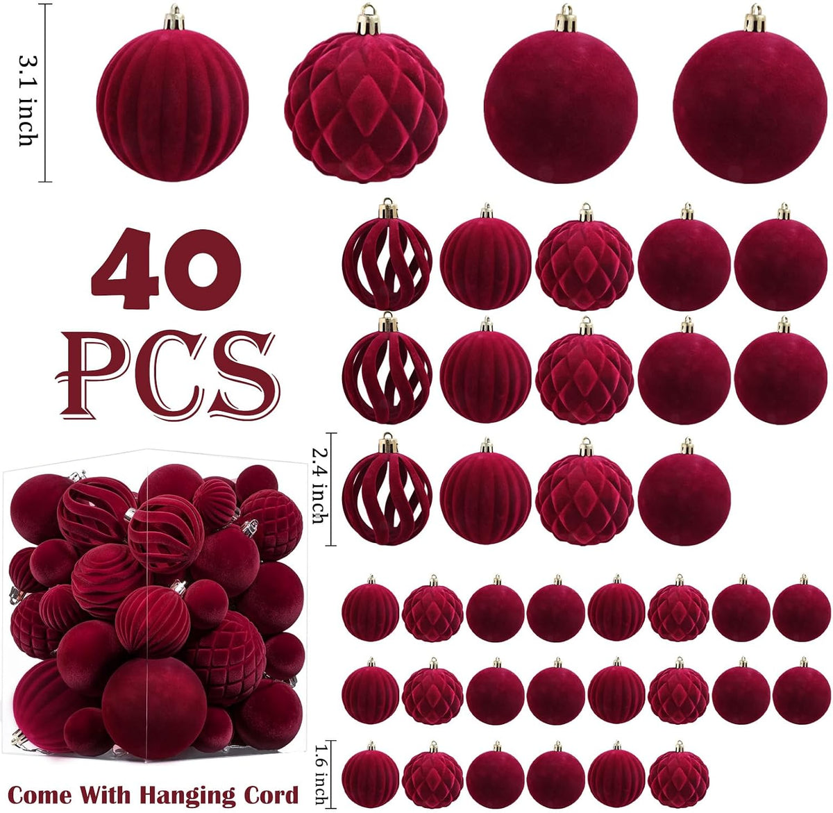 Thewe 40Pcs Velvet Shatterproof Christmas Ball Ornaments Set，Burgundy