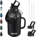 BJPKPK Half Gallon Insulated Water Bottles with Straw Lid & Side Handle, 64oz Large, Stainless Steel Water Bottles with 3 Lids and Paracord Strap, Metal Water Jug,Black