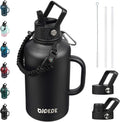 BJPKPK Half Gallon Insulated Water Bottles with Straw Lid & Side Handle, 64oz Large, Stainless Steel Water Bottles with 3 Lids and Paracord Strap, Metal Water Jug,Black