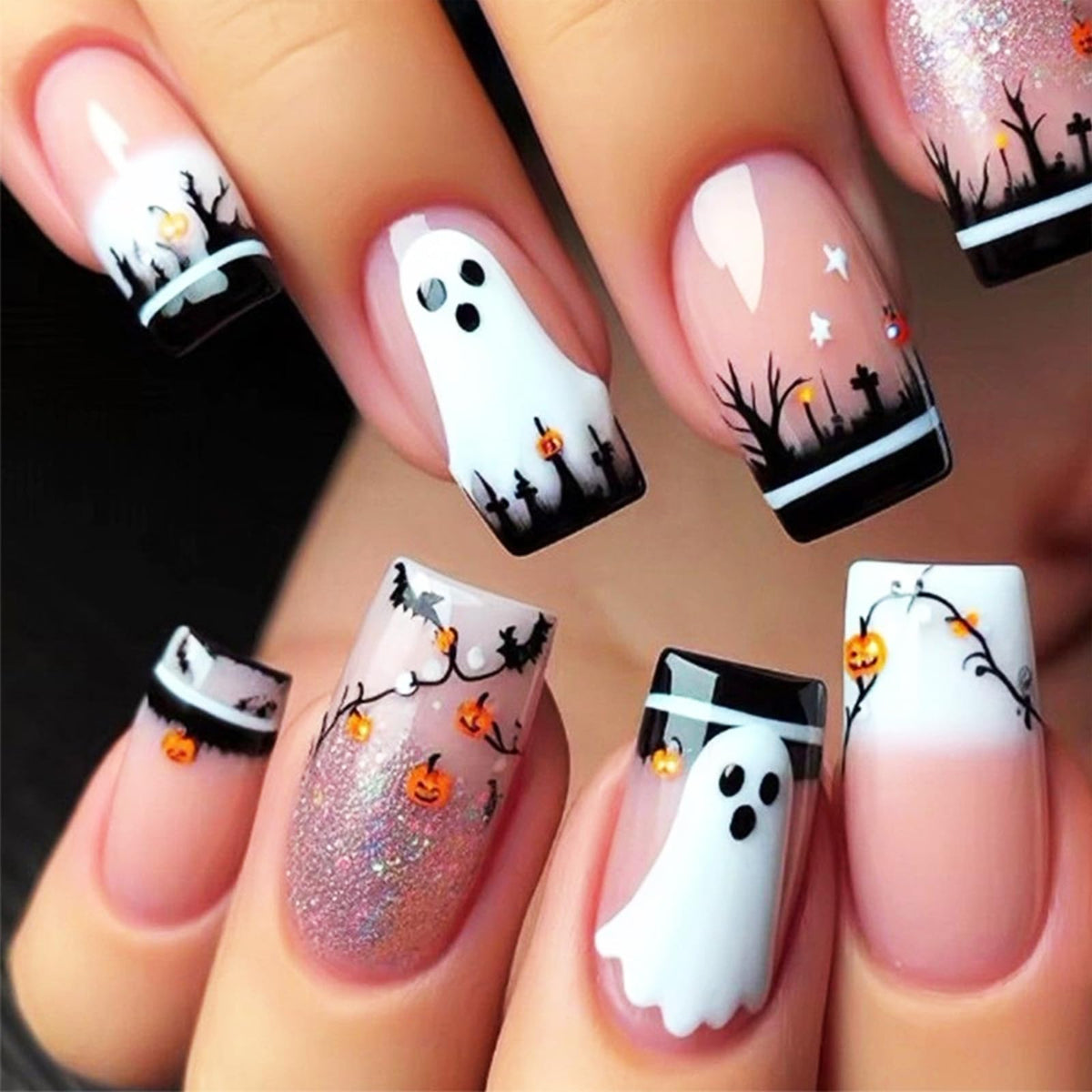 48Pcs Halloween Press on Nails Ghost Stick on Fingernails Monster Short Square False Nails Glossy Black Spider Web Acrylic Fake Nail Skull Gel Glue on Nail for Coquette Women Girls